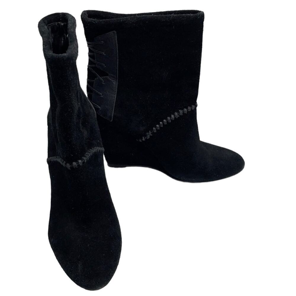 𝅺House of Harlow Sahara Black Suede Leather Lace Up Wedge Boots SZ 40 9.5